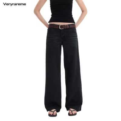 Veryrareme 黑色低腰直筒阔腿牛仔裤