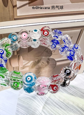 10mm扁珠额恶魔之眼串珠手链 猫眼石蓝眼睛弹力手串 Evil Eye