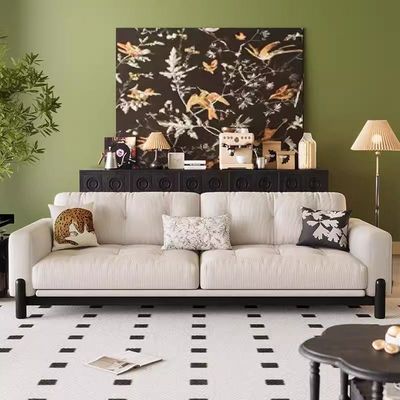 法式复古风实木沙发客厅小户型现代简约灯芯绒白蜡木直排布艺沙发