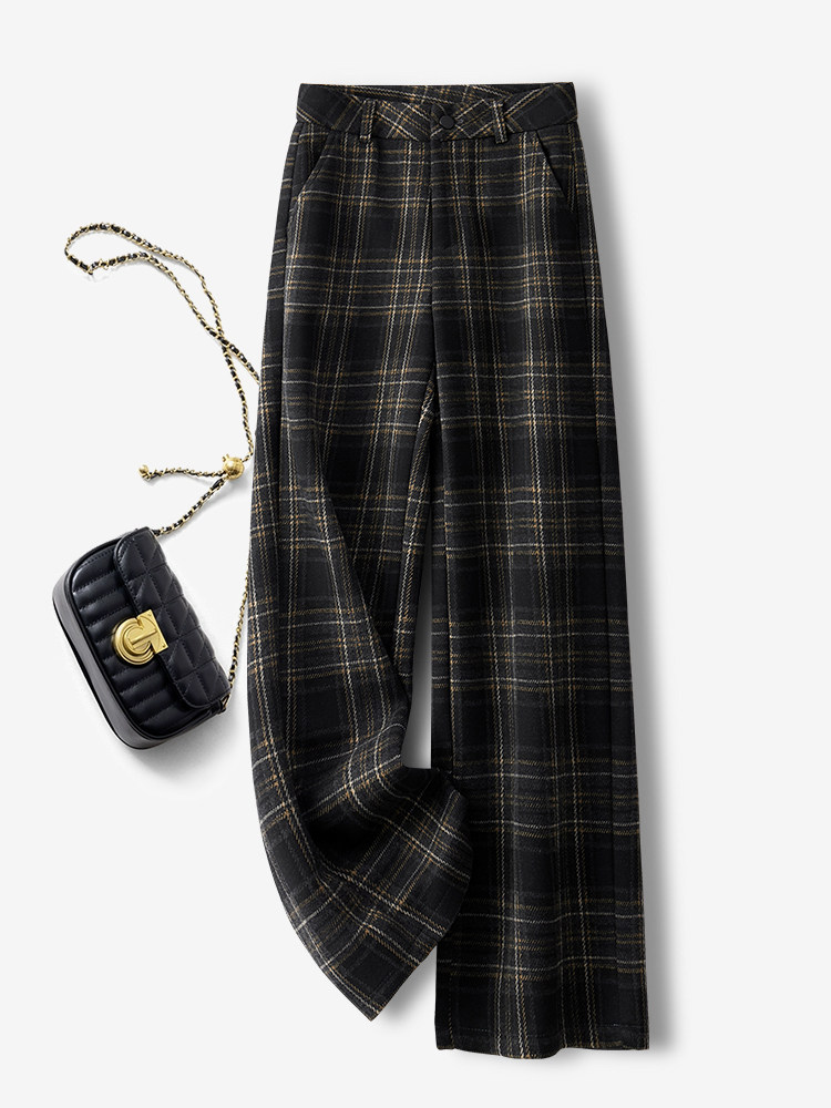 高档格子毛呢阔腿裤女秋冬2025新款格纹糯米裤宽松bf慵懒风直筒裤,女装/女士精品,休闲裤,淘宝优惠券,粉丝福利购,淘宝优惠卷