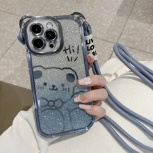 可斜挎适用iPhone15手机壳14的苹果13promax可爱熊闪粉电镀12全包ip11十三新款2023女款带挂绳xsmax小众8plus