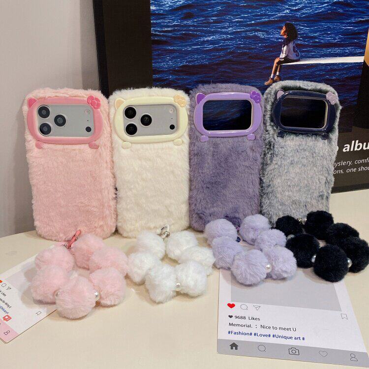 适用iphone17/16PROMAX镜头蝴蝶结15/14苹果13毛绒纯色12壳挂件18pro毛球挂链卡通可爱大孔17pro秋冬款保暖