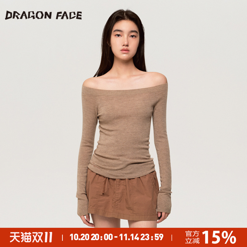 龙脸明星同款斜肩针织衫