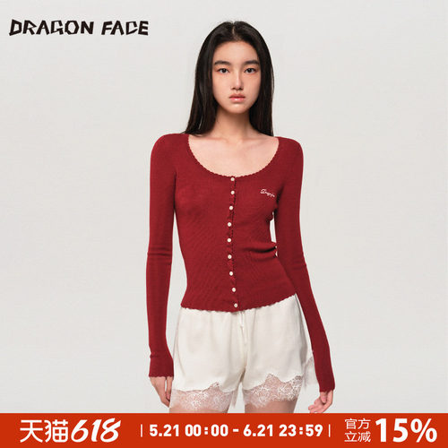 【明星同款】龙脸 DRAGON FACE 花边薄开衫100%绵羊毛针织衫红品