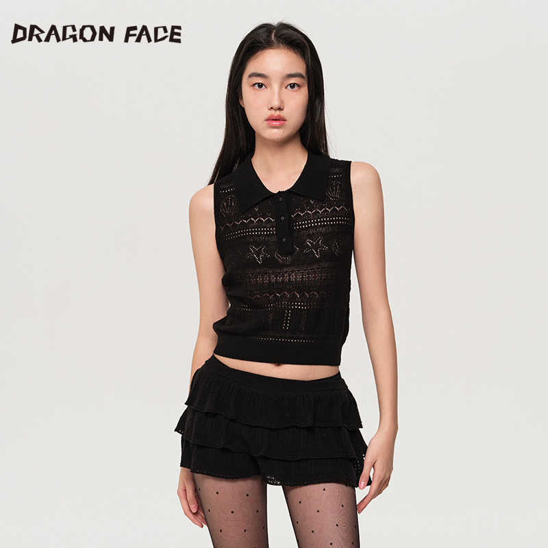 【明星同款】龙脸DRAGONFACE100%绵羊毛海岛钩花翻领背心层叠短裙