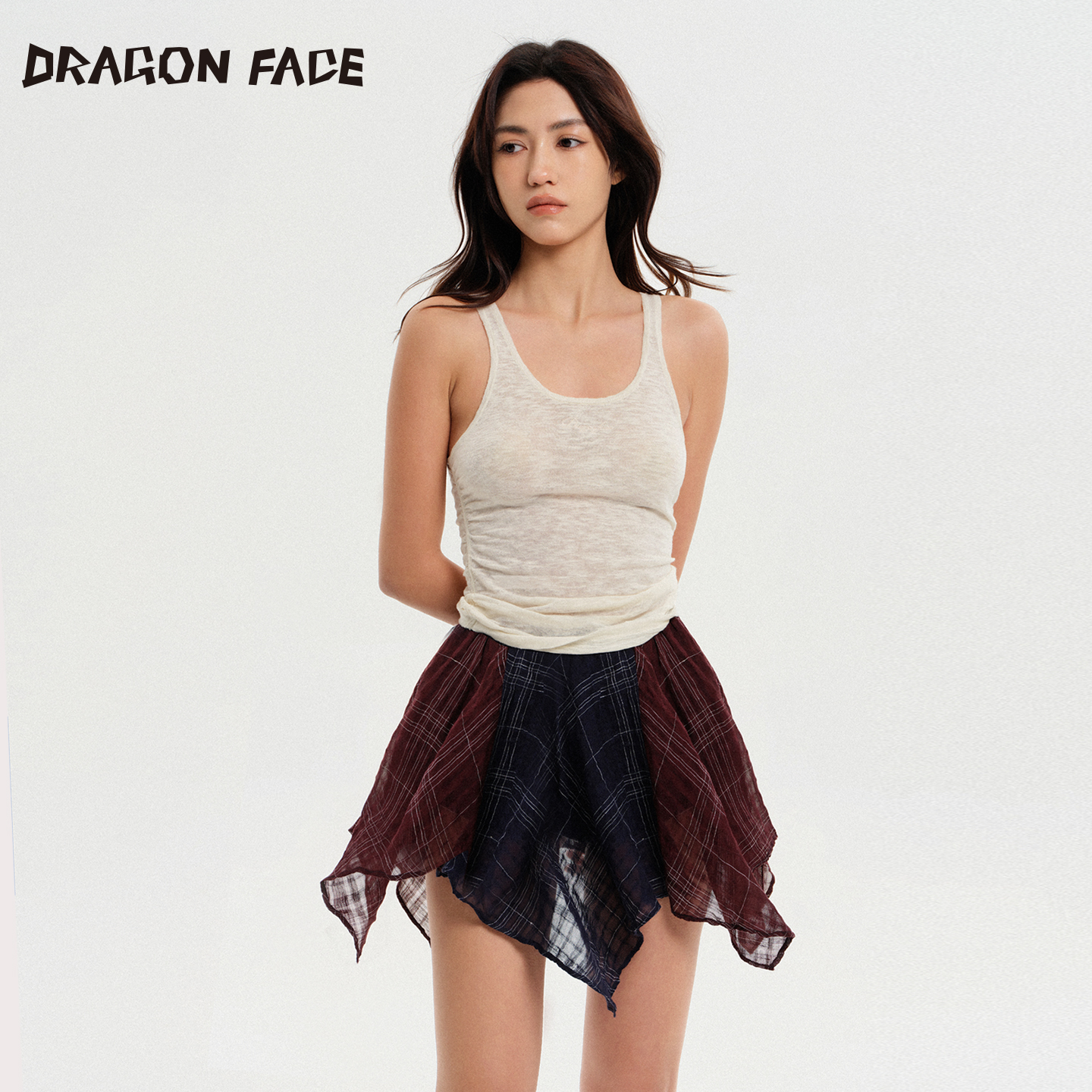 【明星同款】龙脸DRAGON FACE 格纹拼接短裙 休闲百搭短裙