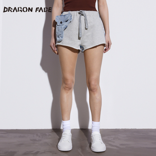 解构牛仔短裤 龙脸DRAGONFACE街头休闲拼接枪袋短裤 明星同款