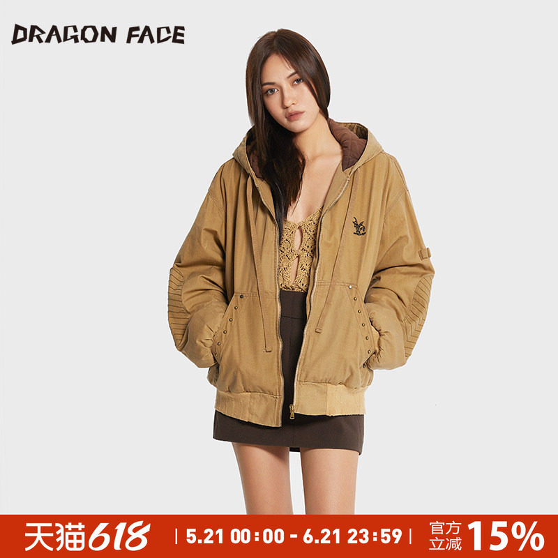 【何超莲同款】龙脸DRAGONFACE宽松连帽油蜡教练夹克涂腊棉服外套