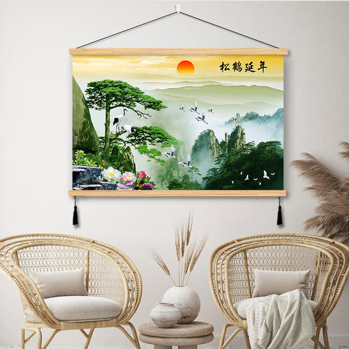 迎客松布艺挂画新中式客厅装饰画