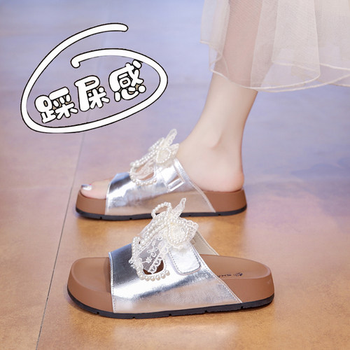 法式蝴蝶结勃肯拖鞋女2026夏季外穿绝美银色厚底沙滩一字托0304e