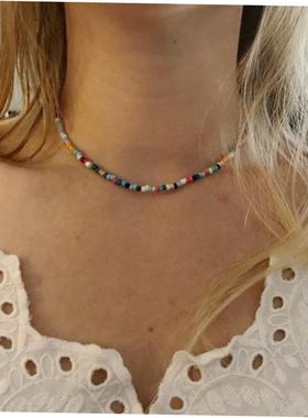 Colored rice Bead Necklace women短款颈链choker 彩色米珠项链