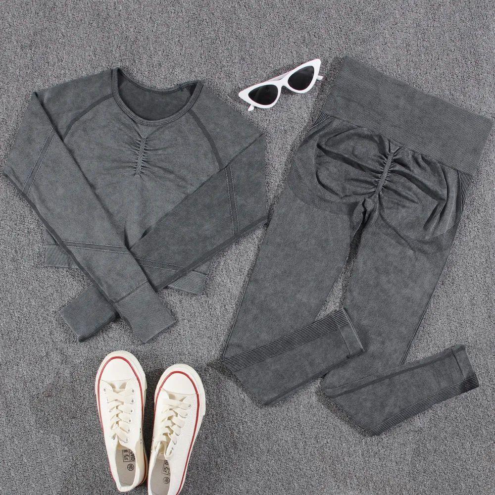 SALSPOR 1/2Pcs Yoga Set Women Seamless Fitness Long Sleeve T