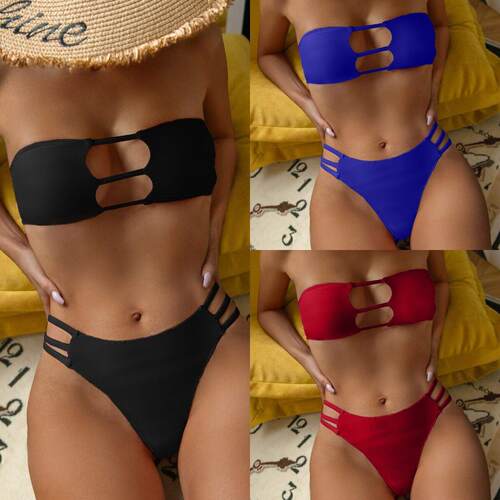 Strapless hollow out low waist bikini set抹胸镂空低腰比基尼
