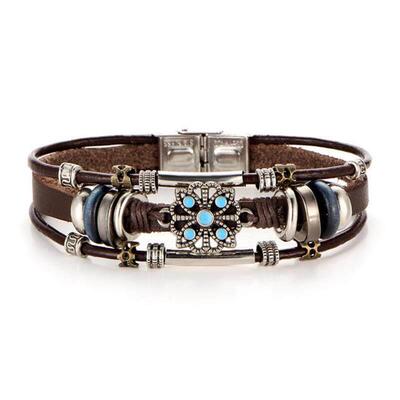 Vintage flower Turquoise mens Leather Bracelet绿松石皮手錬