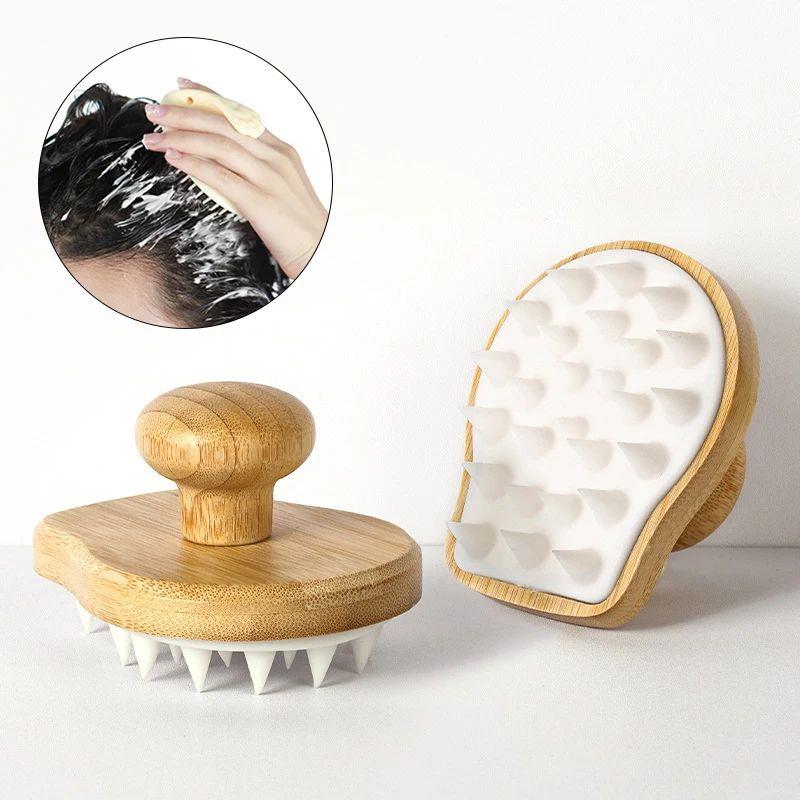 Silicone Shampoo Brush Scalp Hair Massager Wood Head Body Bl
