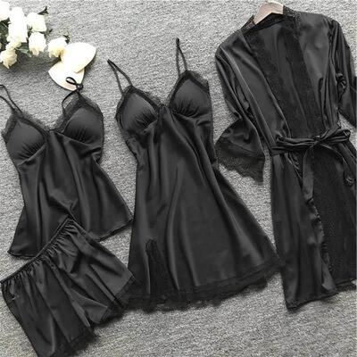 4 Pieces Pajamas Sets Satin Sleepwear Women Silk Nightwear P
