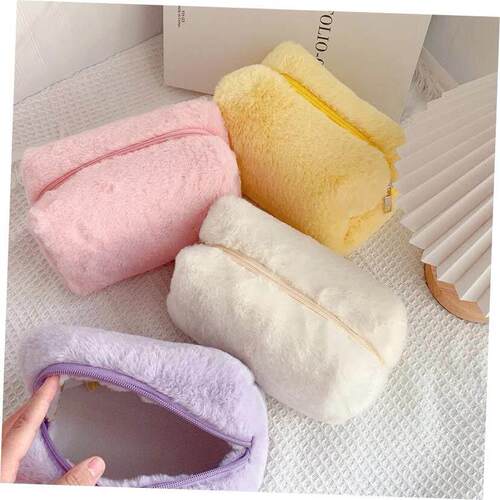 Zipper Large Solid Color Cosmetic Bag Cute Fur Makeup Bag fo