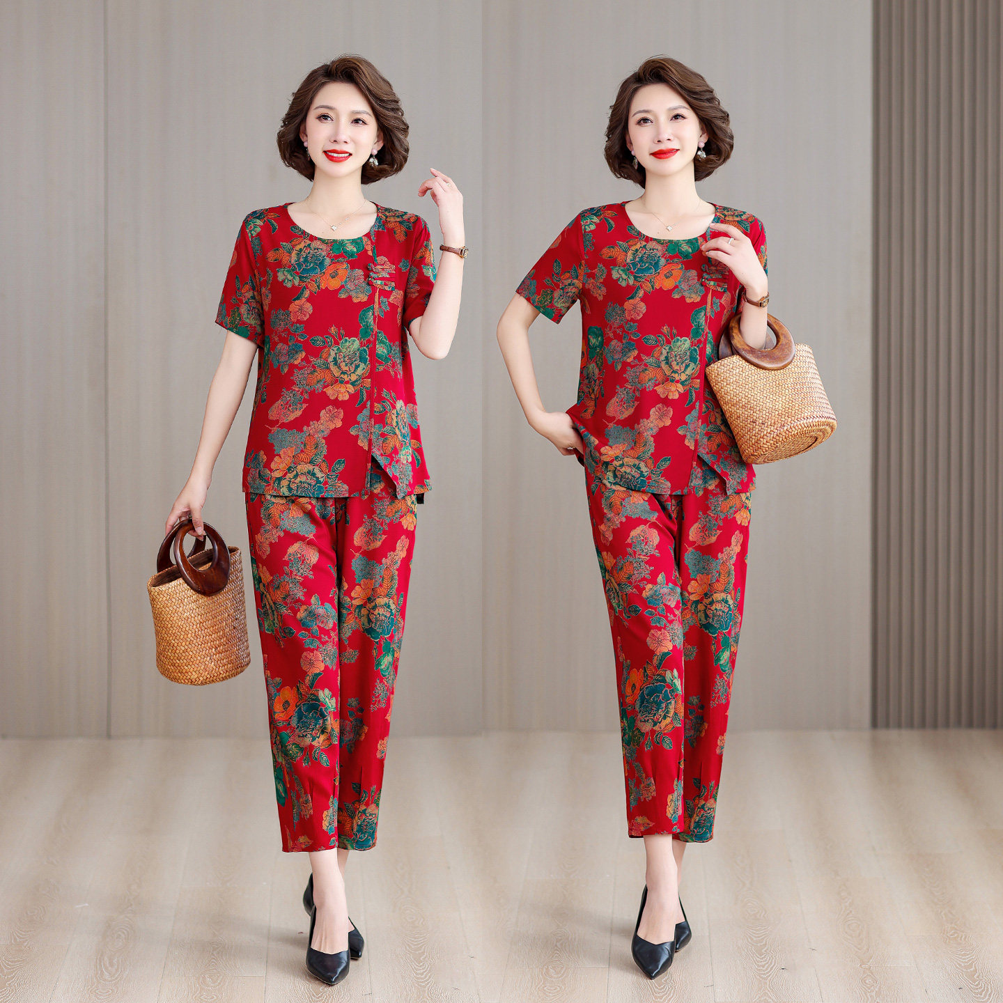 妈妈夏装套装2026新款中老年女装短袖夏季宽松大码女士棉绸两件套