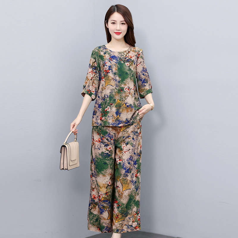 2026新款夏季棉绸套装中老年女装妈妈装大码宽松女士阔腿裤两件套