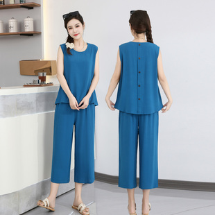 妈妈无袖 棉绸宽松显瘦阔腿裤 套装 夏季 两件套 女中老年女装 2026新款