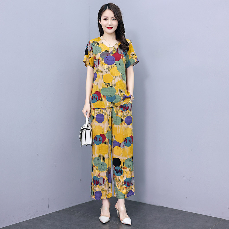 2026新款夏季棉绸套装女中老年妈妈装大码减龄短袖九分裤两件套