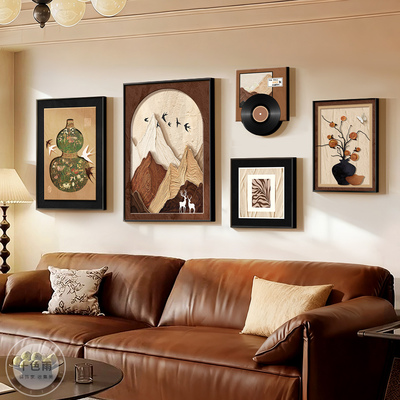 中古风客厅装饰画背有靠山寓意好沙发背景墙壁画现代简约组合挂画