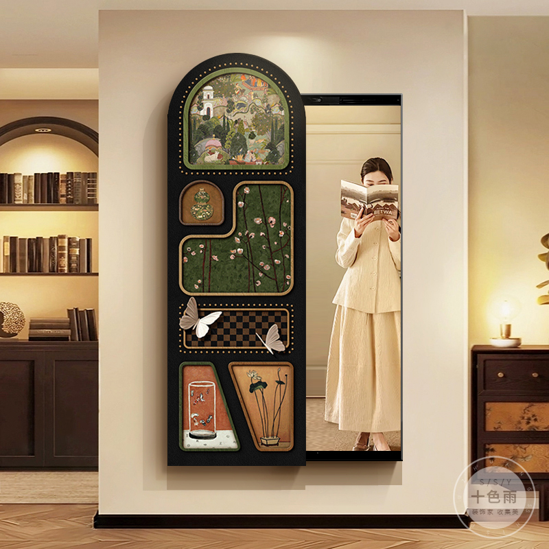 中古风隐藏式全身镜装饰画高级感可推拉镜暗藏式隐形穿衣镜子挂画