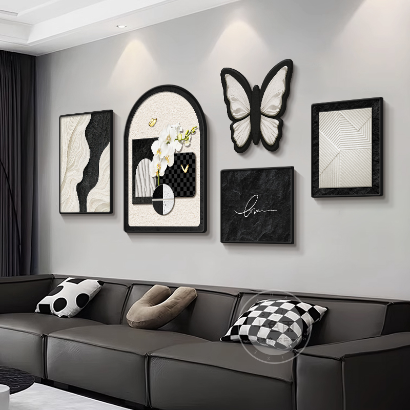 现代简约客厅装饰画法式沙发背景墙挂画轻奢高级感抽象组合壁画