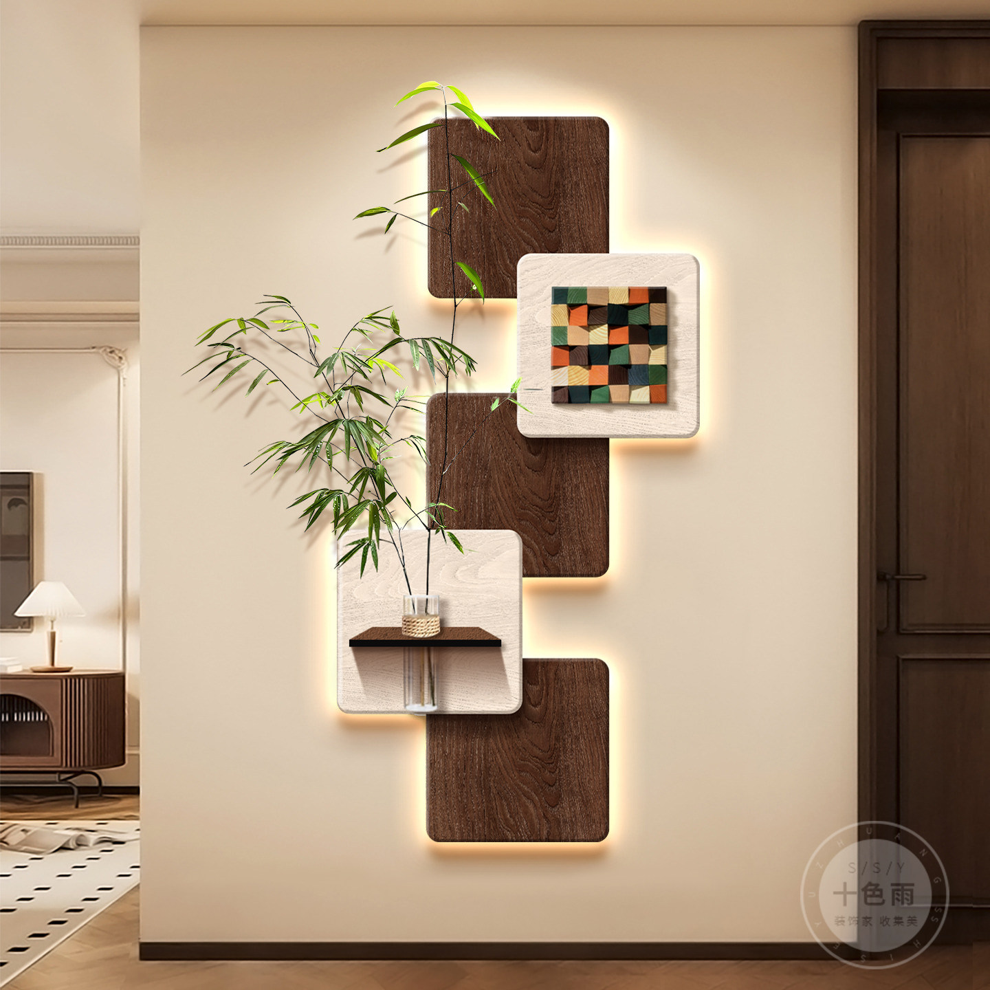 中古风入户玄关装饰画高级覆古艺术壁灯画水培绿植正对门客厅挂画