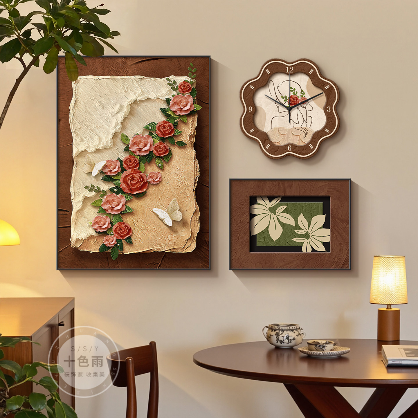 法式中古风餐厅装饰画肌理玫瑰饭厅壁画覆古高级感餐桌挂画钟表画
