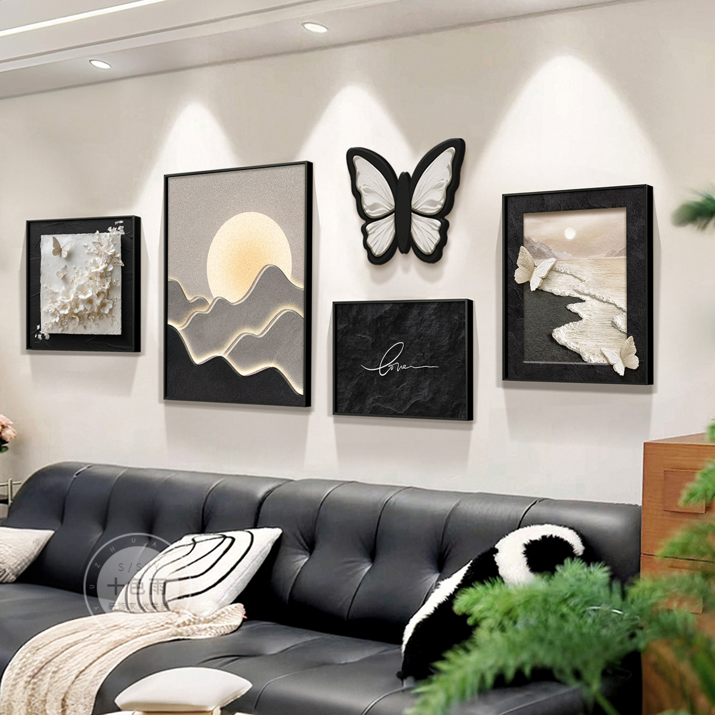 现代简约客厅装饰画日照金山法式组合壁画黑白极简沙发背景墙挂画
