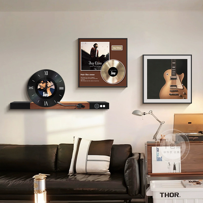 黑胶唱片客厅装饰画中古风沙发背景墙挂画小众复古餐厅艺术钟表画