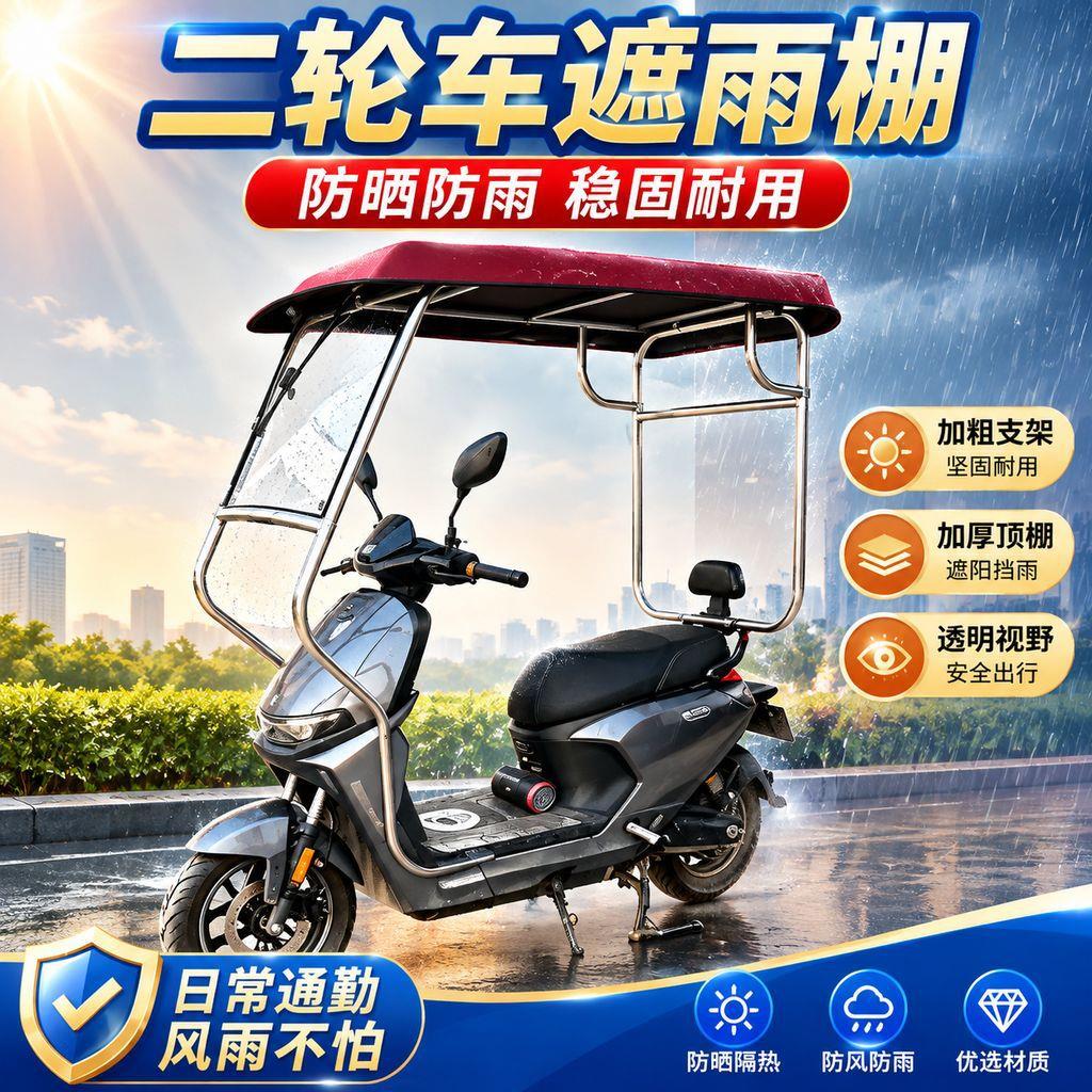 二轮车雨棚新款雨刷摩托车车篷踏板车挡风罩防晒不锈钢外卖遮雨棚