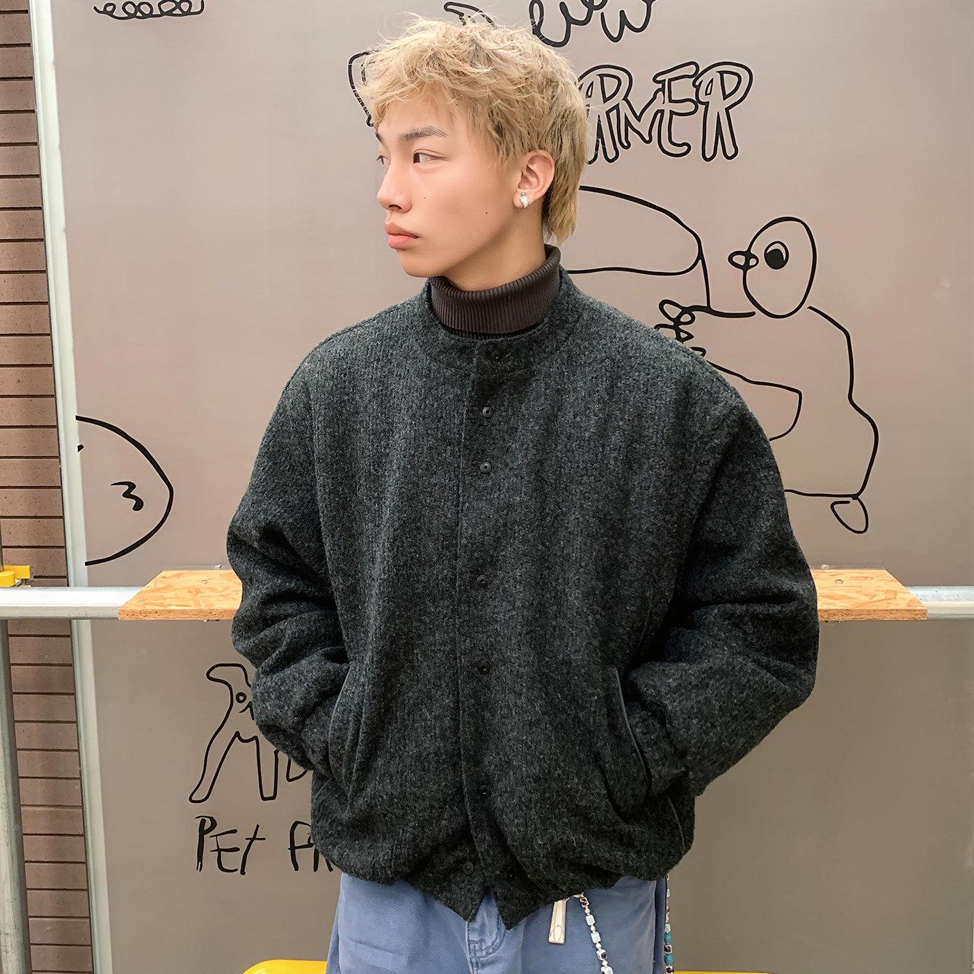 现货】LEM风格老钱风羊毛混纺宽松90白鸭绒羽绒开衫夹克圆领外套