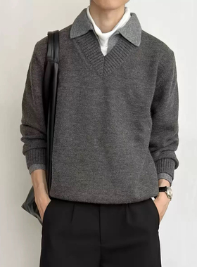 韩国风格老钱风复古撞色cleanfit假两件V领羊绒混纺针织毛衣外套