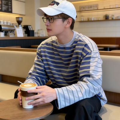 ATA 26春秋新款美式复古宽松圆领条纹拼接潮牌百搭长袖T恤男女款