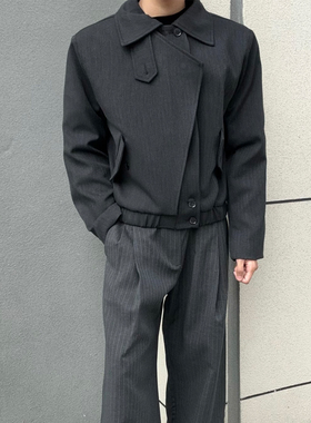 ATA 羊毛混纺廓形人字纹叠门襟正肩拉链立领短宽夹克外套cleanfit