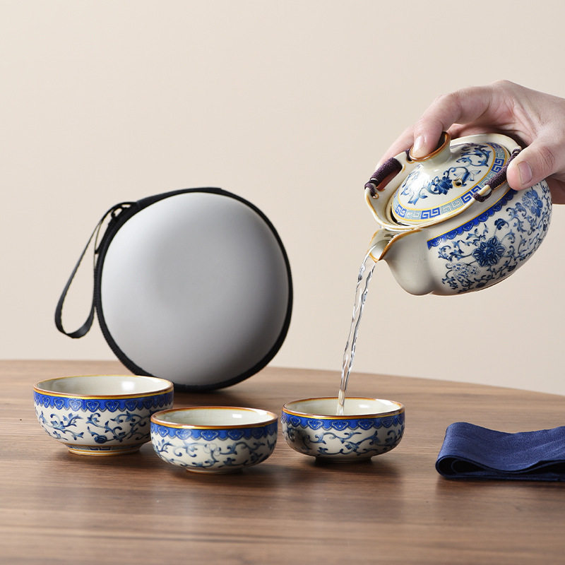 青花米黄汝窑旅行茶具套
