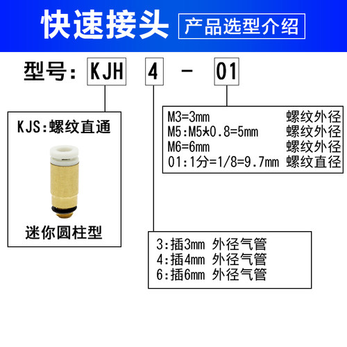 迷你螺纹气动直通气管铜快速接头KJS/KQ2S03/4/6/8/10-M3/M5/012S