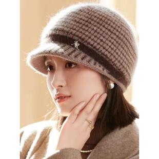 贝雷帽冬天妈妈帽子女针织保暖韩版百搭鸭舌贝雷帽英伦覆古毛线帽