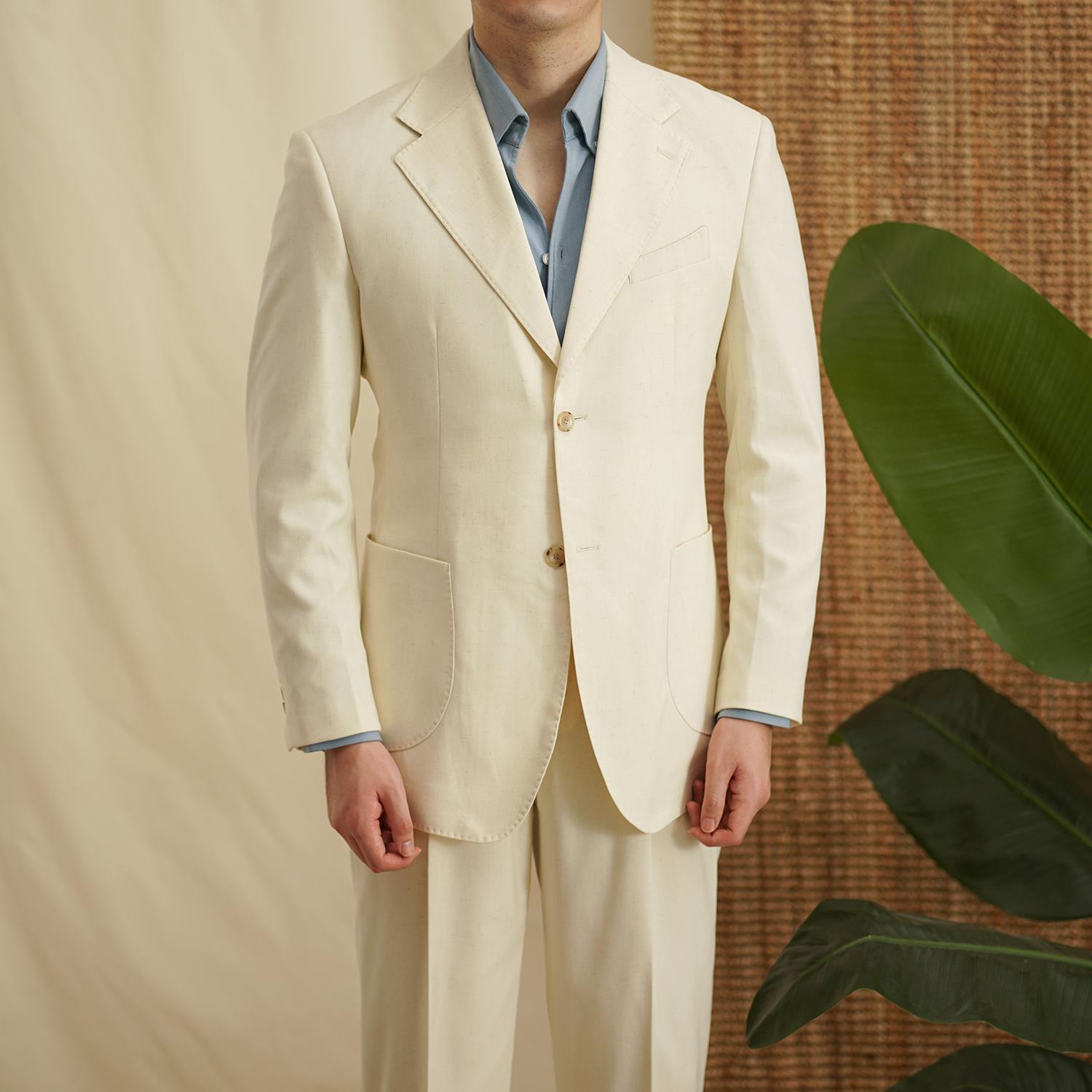 YOUSEKOO绅装亚麻混纺平驳领西服套装男士通勤宴会单排扣西装新郎