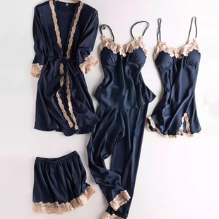 维多利亚冰丝睡衣女2025新款 吊带睡裙五件套性感丝绸高级感 春秋季
