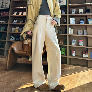 直筒裤 高腰垂感休闲西装 女加绒2025秋冬新款 米白色醋酸羊毛阔腿裤