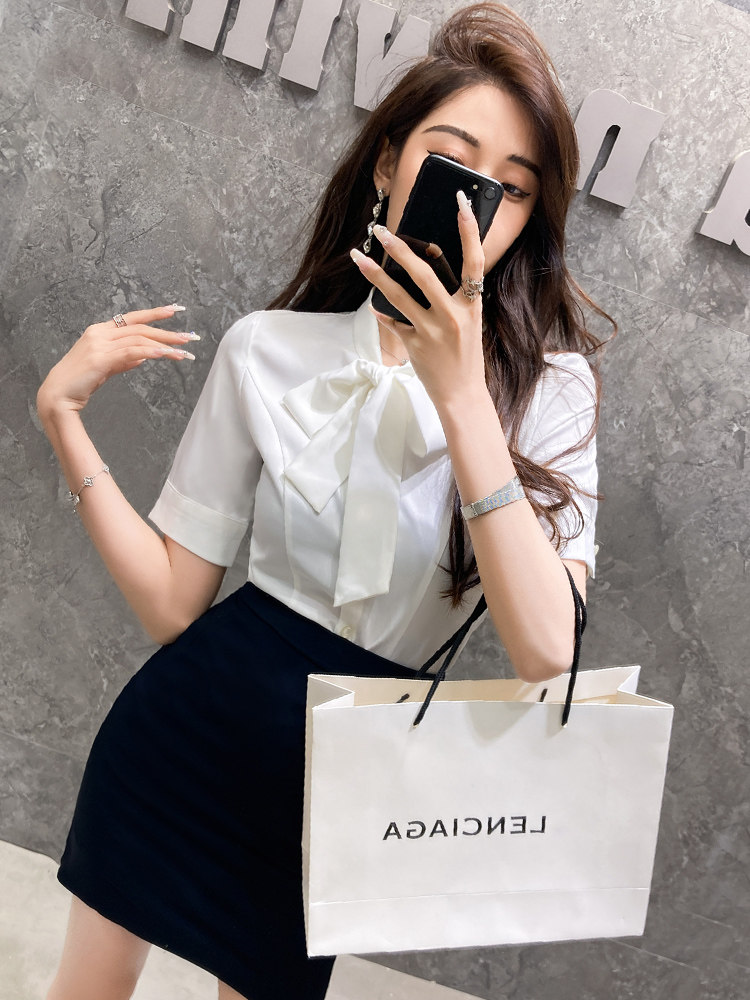 2022夏季职业装衬衫女上衣工作服工装蝴蝶结系带短袖气质白衬衣