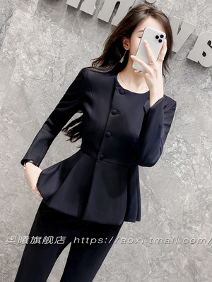 职业西装套装女长袖黑色荷叶边外套气质通勤圆领秋季女士西服工装