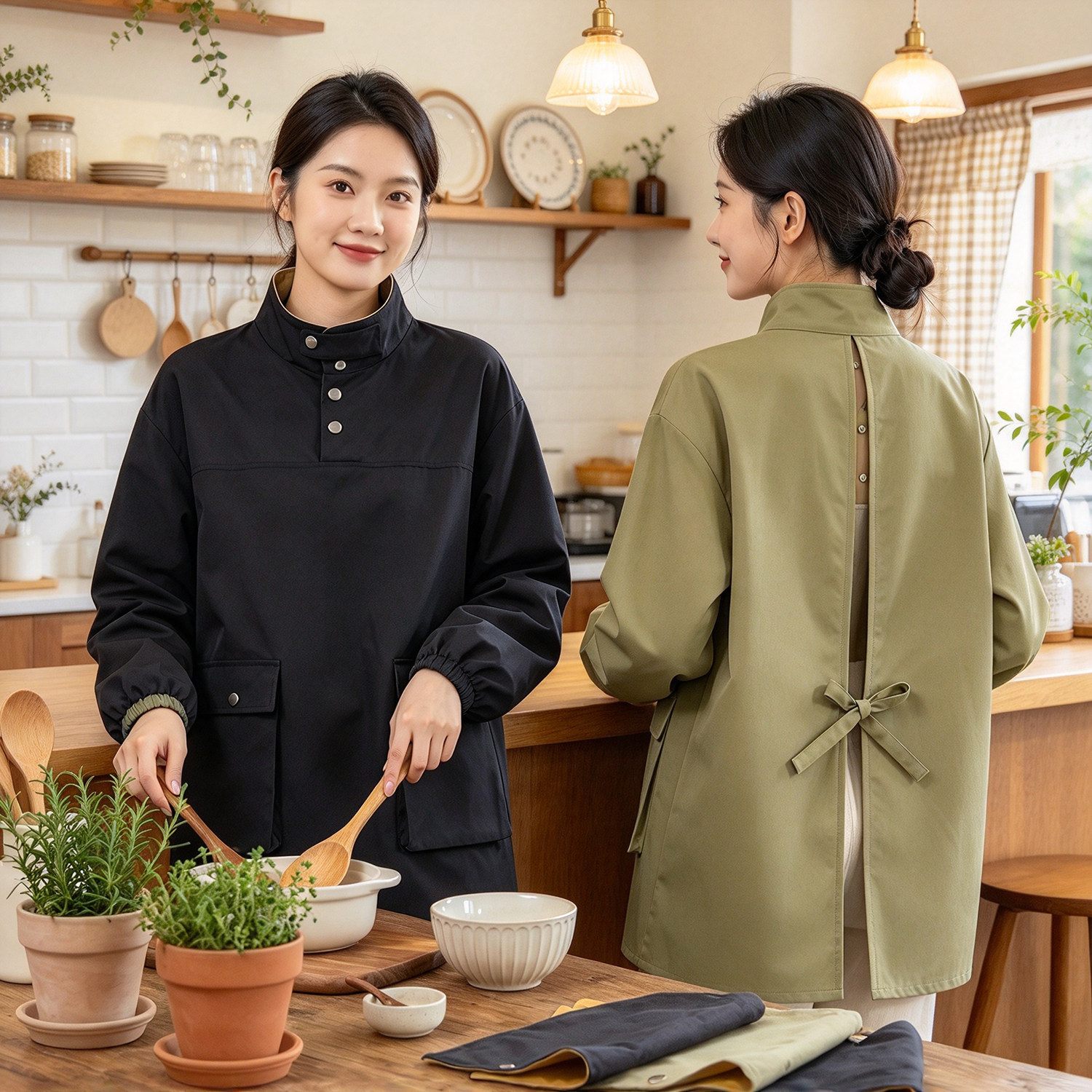 饭店后厨耐脏款高颜值防水防油围裙女厨房家用长袖工作服罩衣外穿