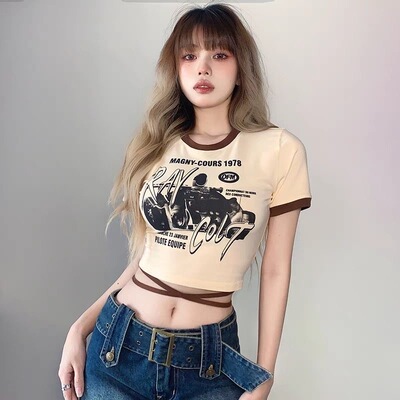 美式辣妹印花绑带短款t恤女修身撞色设计感短袖上衣性感夏女款潮