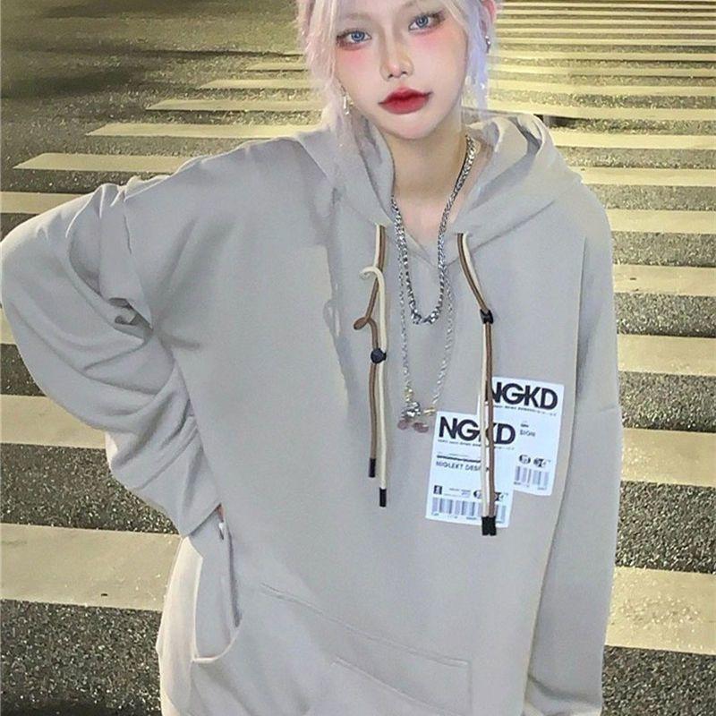 灰色连帽卫衣女2022春秋新款宽松薄款美式复古潮牌外套上衣潮ins