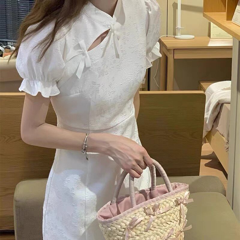 新中式女装2026夏季改良旗袍国风裙子小个子白色泡泡袖收腰连衣裙