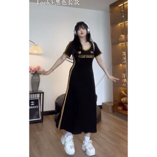 大码 裙子 微胖甜辣妹美式 复古印花连衣裙拼接撞色收腰显瘦通勤短袖